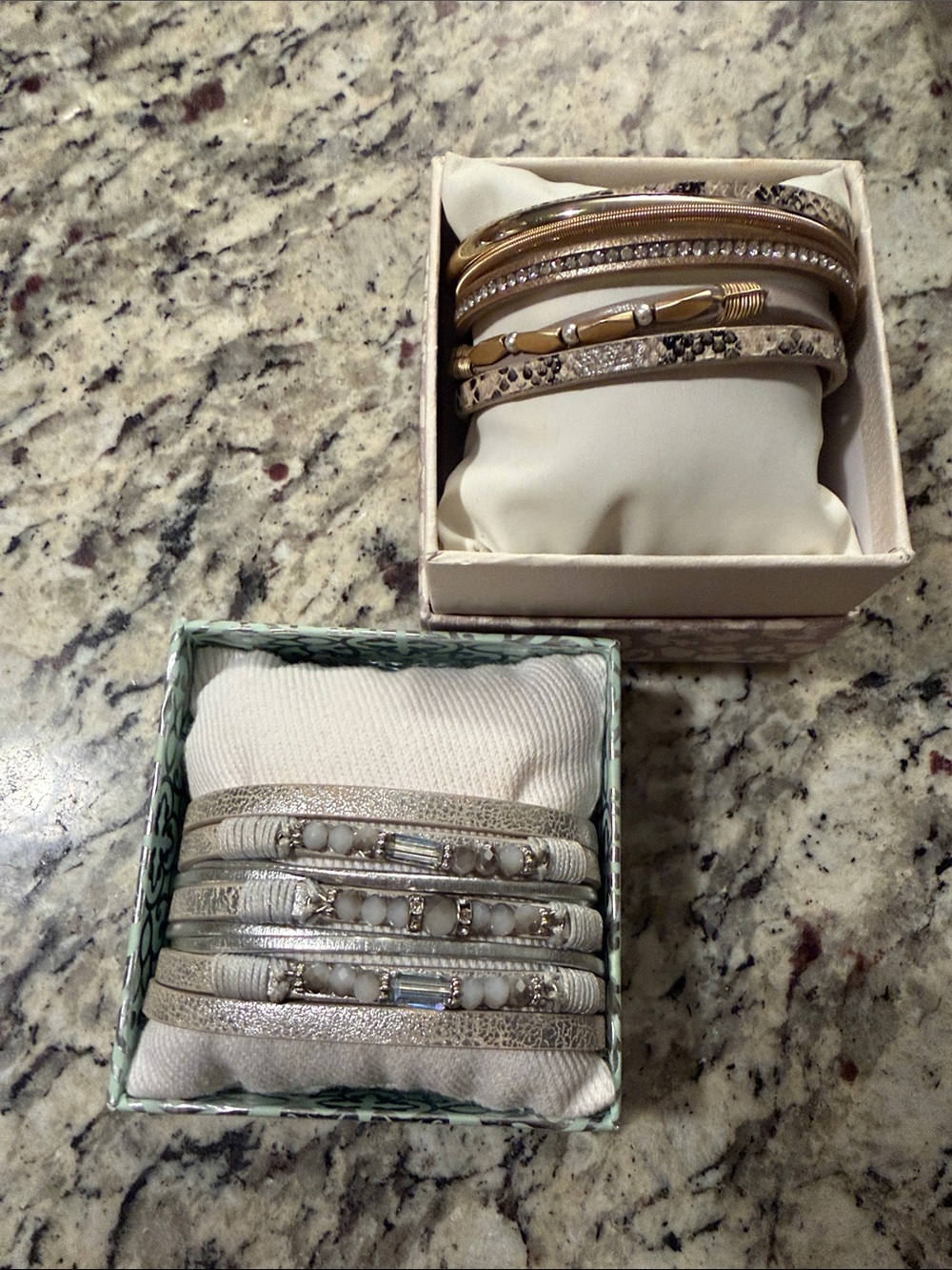 SAACHI and Scroll & Vine Gold and Silver Stackable Bangle Set